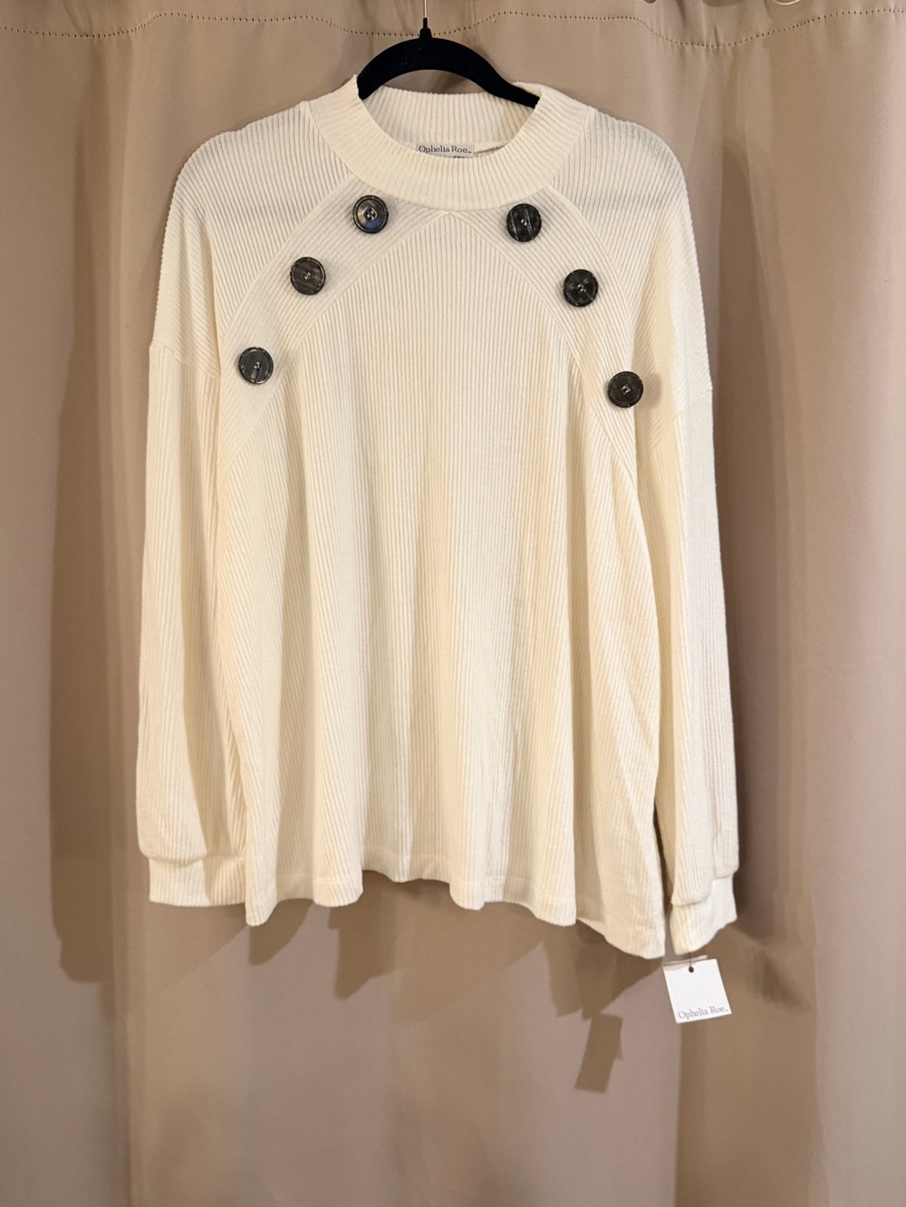 Ophelia Roe Button-Detail Cream Ribbed Sweater